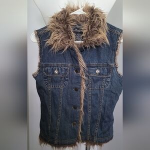 Denim Vest with Faux Fur Trim
